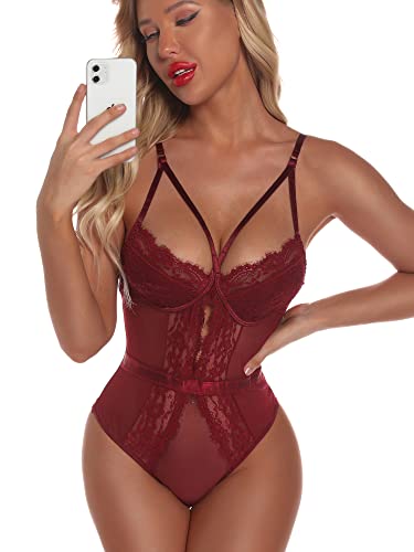 EVELIFE Damen Dessous Sexy Floral Spitze Bodysuit Teddy Deep V Lingerie Snap Crotch Bodysuit(weinrot M) von EVELIFE