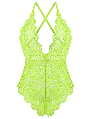 EVELIFE Damen Dessous Spitze Body Einteiler Teddy Dessous Tiefer V Ausschnitt Bodysuit Dessous (Leuchtend Grün M) von EVELIFE