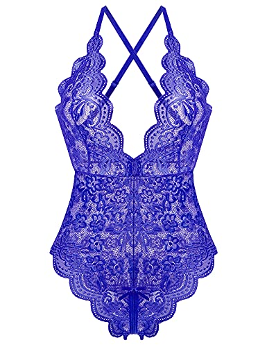 EVELIFE Damen Dessous Spitze Body Einteiler Teddy Dessous Tiefer V Ausschnitt Bodysuit Dessous (Hellblau XXL) von EVELIFE