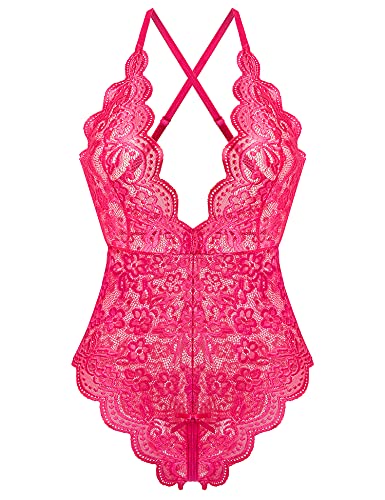 EVELIFE Damen Dessous Spitze Body Einteiler Teddy Dessous Tiefer V Ausschnitt Bodysuit Dessous (Rosarot S) von EVELIFE