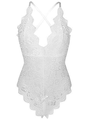 EVELIFE Damen Dessous Spitze Body Einteiler Teddy Dessous Tiefer V Ausschnitt Bodysuit Dessous (Weiß M) von EVELIFE