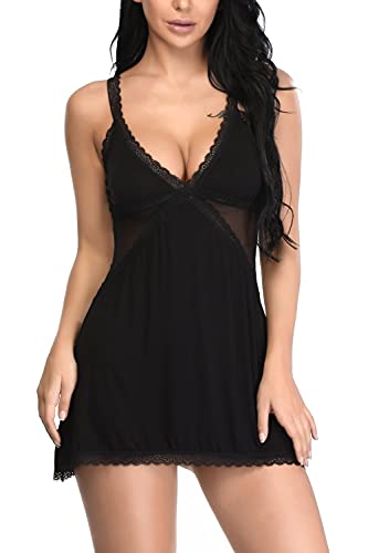 EVELIFE Damen Nachthemd Sexy Spitze Babydoll Nachtwäsche Spaghettiträgern V-Ausschnitt Nachtkleid Lingerie Dessous Ärmello (Schwarz XL) von EVELIFE