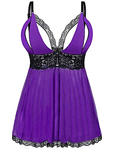 EVELIFE Damen Übergröße Dessous Set Spitze Sexy Chemise Nachtwäsche Babydoll Kleid mit G-String(Lila XXL) von EVELIFE