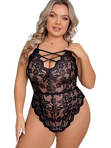 EVELIFE Damen Plus Size Lingerie Einteiler Teddy Sexy Bodysuit Spitze Babydoll Nachtwäsche, Schwarz , 42 von EVELIFE