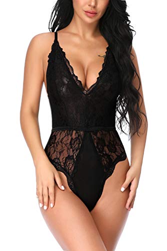 EVELIFE Body Damen Sexy Dessous EIN Stück Teddy Babydoll Spitze Bodysuit Lingerie V-Ausschnitt Unterwäsche Nachtwäsche, Schwarz, S von EVELIFE