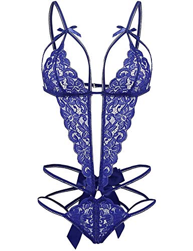 EVELIFE Damen Rückenfrei Body Sexy Tiefer V-Ausschnitt Dessous Spitze Einteiliger Unterwäsche Strappy Lingerie Nachtwäsche(Blau M) von EVELIFE