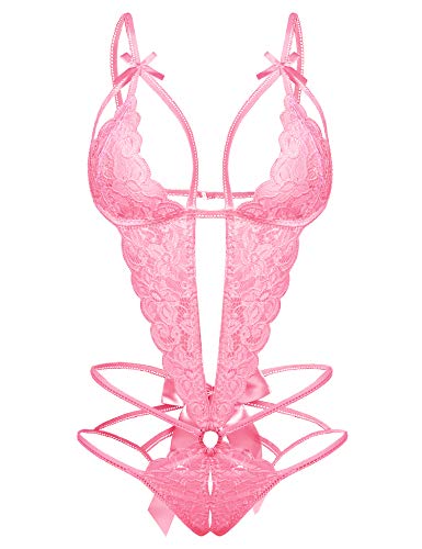 EVELIFE Damen Rückenfrei Body Sexy Tiefer V-Ausschnitt Dessous Spitze Einteiliger Unterwäsche Strappy Lingerie Nachtwäsche(Rosa L) von EVELIFE