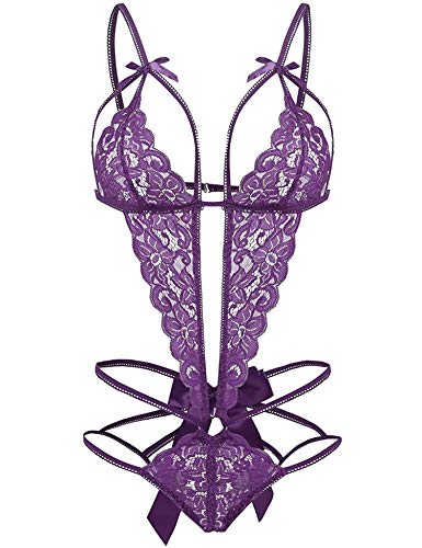 EVELIFE Damen Rückenfrei Body Sexy Tiefer V-Ausschnitt Dessous Spitze Einteiliger Unterwäsche Strappy Lingerie Nachtwäsche (Lila, Small) von EVELIFE