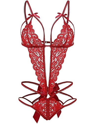 EVELIFE Damen Rückenfrei Body Sexy Tiefer V-Ausschnitt Dessous Spitze Einteiliger Unterwäsche Strappy Lingerie Nachtwäsche (Rot, Small) von EVELIFE