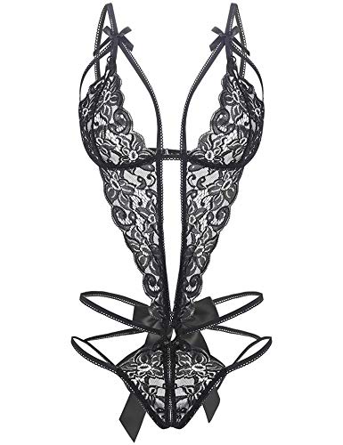 EVELIFE Damen Rückenfrei Body Sexy Tiefer V-Ausschnitt Dessous Spitze Einteiliger Unterwäsche Strappy Lingerie Nachtwäsche (Schwarz, Small) von EVELIFE