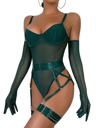 EVELIFE Damen Sexy Body Reizwäsche 3-teiliges Set – Verführerisches Spitzen-Mesh Bodysuit mit Strumpfhalter & Handschuhen, Elegantes Dessous Outfit für Frauen, Dunkelgrün, 42 von EVELIFE