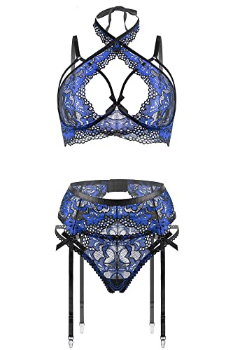 EVELIFE Damen Sexy Dessous Set mit Strumpfgürtel BH und Höschen Sets 3 Stück Frauen Halfter Unterwäsche Babydoll (Blau,M) von EVELIFE