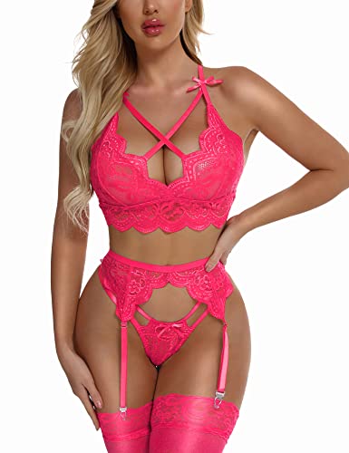 EVELIFE Damen Sexy Dessous Set mit Strumpfgürtel Spitze BH und Höschen Set Hohe Taille Strapsen Dessous Ohne Strümpfe (Rosa,M) von EVELIFE