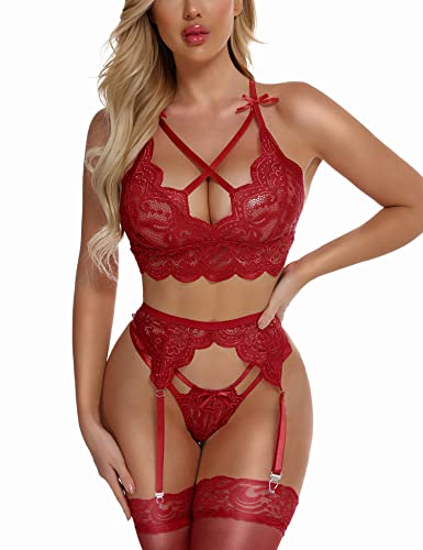 EVELIFE Damen Sexy Dessous Set mit Strumpfgürtel Spitze BH und Höschen Set Hohe Taille Strapsen Dessous Ohne Strümpfe (Rotwein,S) von EVELIFE