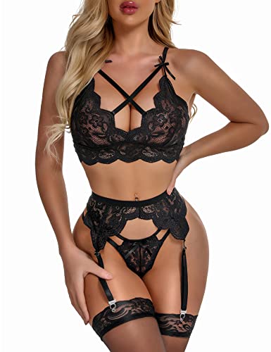 EVELIFE Damen Sexy Dessous Set mit Strumpfgürtel Spitze BH und Höschen Set Hohe Taille Strapsen Dessous Ohne Strümpfe (Schwarz,M) von EVELIFE