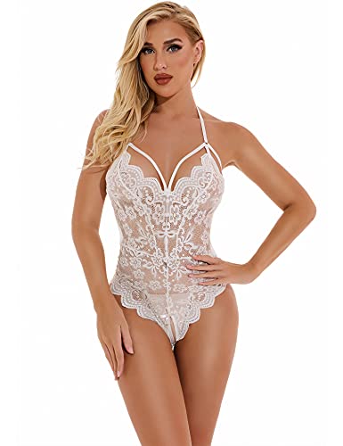 EVELIFE Frauen Sexy Dessous Spitze Bodysuit Einteiler Teddy Dessous Transparent Deep V Bodysuit Dessous, weiß, 46 von EVELIFE