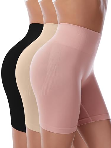 EVELIFE Damen Sicherheits-Boxershorts, Anti-Scheuern, lange Slips, Unterwäsche, 3er-Pack, Damen-Slip-Shorts für unter Kleidern, Yoga, Radfahren, nahtlos, dehnbar, Höschen, Schwarz+Nackt+Rosa, 42 von EVELIFE