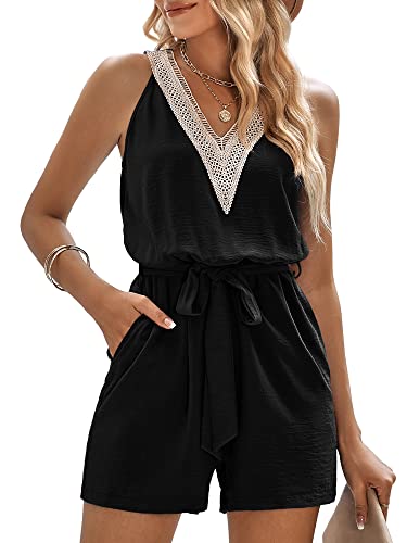 EVELIFE Damen Sommer Kurze Jumpsuits Ärmellos Tank Top V Ausschnitt Jumpsuit Strampler, Schwarz , 38 von EVELIFE