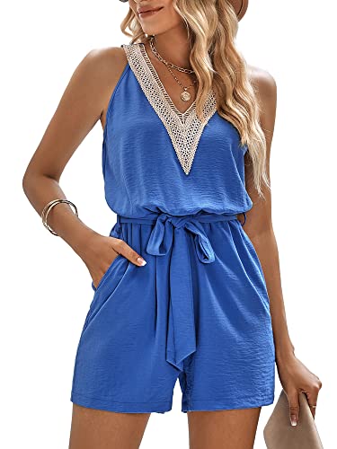 EVELIFE Damen Sommer Kurze Jumpsuits Ärmellos Tank Top V Ausschnitt Jumpsuit Strampler, blau, 38 von EVELIFE