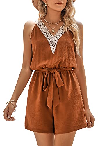 EVELIFE Damen Sommer Kurze Jumpsuits Ärmellos Tank Top V Ausschnitt Jumpsuit Strampler, braun, 36 von EVELIFE