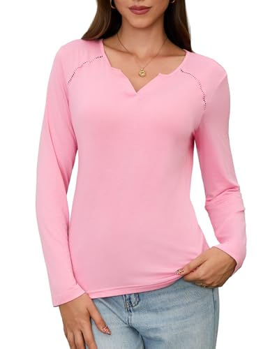 EVELIFE Damen T-Shirt Langarm Oberteil V-Ausschnitt Unterziehshirt Top Basics Rayon Jersey Weich Atmungsaktiv Langarmshirt für Zwiebellook und Layering (Rosa,L) von EVELIFE