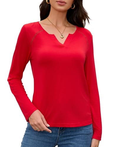 EVELIFE Damen T-Shirt Langarm Oberteil V-Ausschnitt Unterziehshirt Top Basics Rayon Jersey Weich Atmungsaktiv Langarmshirt für Zwiebellook und Layering (Rot,M) von EVELIFE