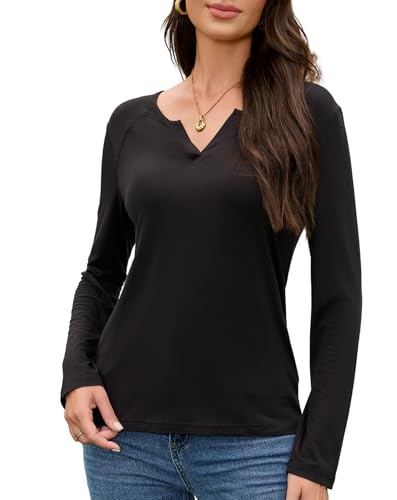 EVELIFE Damen T-Shirt Langarm Oberteil V-Ausschnitt Unterziehshirt Top Basics Rayon Jersey Weich Atmungsaktiv Langarmshirt für Zwiebellook und Layering (Schwarz,M) von EVELIFE