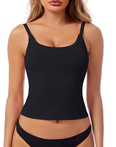 EVELIFE Damen-Tanktop, Basic-Unterhemd, quadratischer Ausschnitt, gerippt, Sommer, Camisole ohne Polsterung, Schwarz , L von EVELIFE
