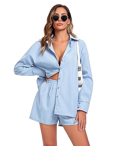 EVELIFE Damen Trainingsanzug Set Streetwear 2-teilig Langarm Oversize Shirt High Waist Shorts Sportanzüge Outfit Trainingsanzüge (Himmelblau,XL) von EVELIFE