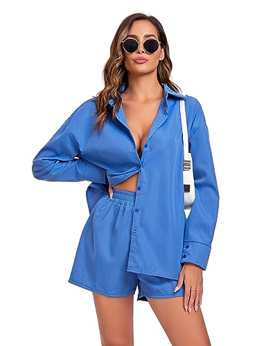 EVELIFE Damen Trainingsanzug Set Streetwear 2-teilig Langarm Oversize Shirt High Waist Shorts Sportanzüge Outfit Trainingsanzüge (Königsblau,L) von EVELIFE