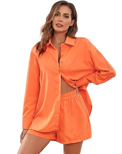 EVELIFE Damen Trainingsanzug Set Streetwear 2-teilig Langarm Oversize Shirt High Waist Shorts Sportanzüge Outfit Trainingsanzüge (Orange,XL) von EVELIFE