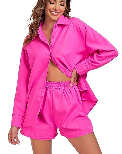 EVELIFE Damen Trainingsanzug Set Streetwear 2-teilig Langarm Oversize Shirt High Waist Shorts Sportanzüge Outfit Trainingsanzüge (Rosa,L) von EVELIFE