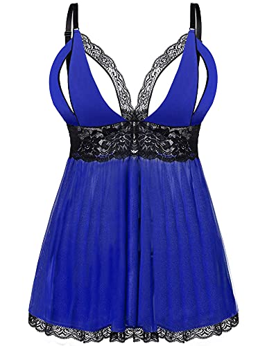 EVELIFE Damen Übergröße Dessous Set Spitze Sexy Chemise Nachtwäsche Babydoll Kleid mit G-String(Blau + Schwarz 3XL) von EVELIFE