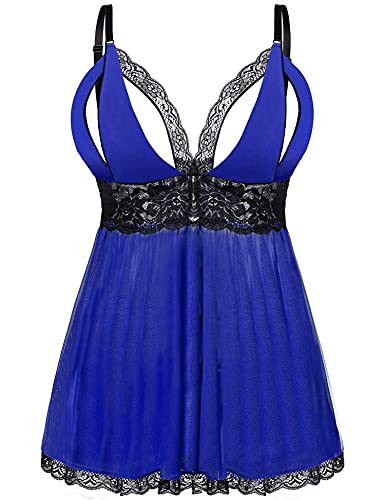 EVELIFE Damen Übergröße Dessous Set Spitze Sexy Chemise Nachtwäsche Babydoll Kleid mit G-String(Blau + Schwarz XXL) von EVELIFE