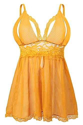 EVELIFE Damen Übergröße Dessous Set Spitze Sexy Chemise Nachtwäsche Babydoll Kleid mit G-String(Gelb M) von EVELIFE