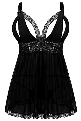 EVELIFE Damen Übergröße Dessous Set Spitze Sexy Chemise Nachtwäsche Babydoll Kleid mit G-String(Pures Schwarz M) von EVELIFE