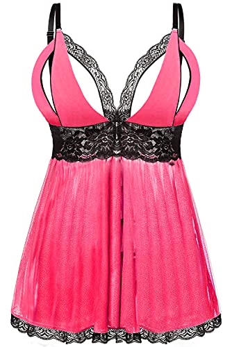 EVELIFE Damen Übergröße Dessous Set Spitze Sexy Chemise Nachtwäsche Babydoll Kleid mit G-String(Rosa XXL) von EVELIFE