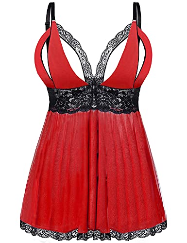 EVELIFE Damen Übergröße Dessous Set Spitze Sexy Chemise Nachtwäsche Babydoll Kleid mit G-String(Rot L) von EVELIFE