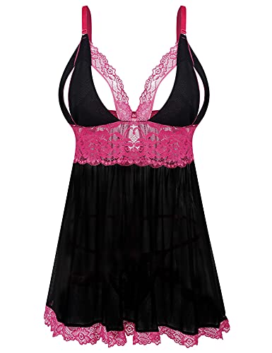 EVELIFE Damen Übergröße Dessous Set Spitze Sexy Chemise Nachtwäsche Babydoll Kleid mit G-String(Schwarz 3XL) von EVELIFE