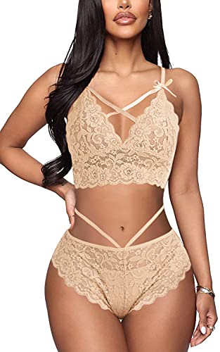 EVELIFE Dessous Damen Sexy Unterwäsche Frauen BH und String Set Spitze Tanga (Khaki S) von EVELIFE