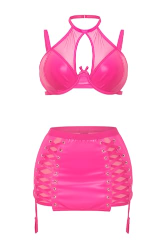 EVELIFE Dessous Damen V-Ausschnitt Minikleid Clubwear Leder Outfit Karnevals Party Atmungsaktiver Mesh-Lederrock Mit Strumpfgürtel (Rosa, S) von EVELIFE