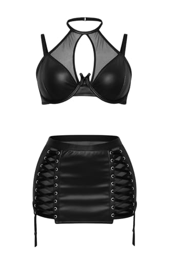 EVELIFE Dessous Damen V-Ausschnitt Minikleid Clubwear Leder Outfit Karnevals Party Atmungsaktiver Mesh-Lederrock Mit Strumpfgürtel (Schwarz, M) von EVELIFE