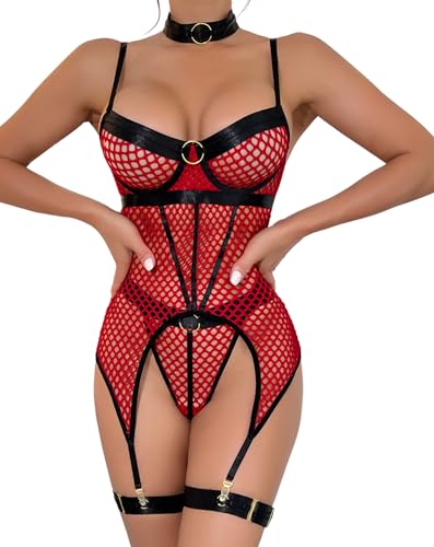 EVELIFE Dessous Set für Damen Sexy Gothic Bodysuit Strapsen Oberschenkel Strumpfgürtel Halsreif Unterwäsche Babydolls ohne Strümpfe (Rot,M) von EVELIFE