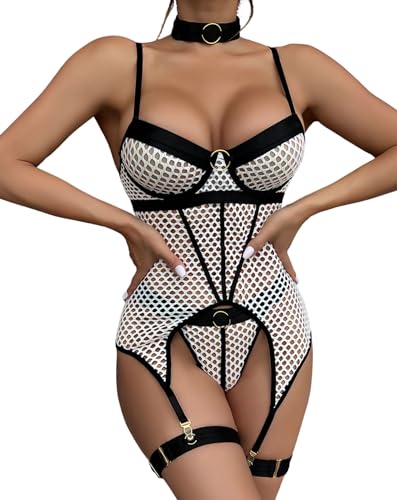 EVELIFE Dessous Set für Damen Sexy Gothic Bodysuit Strapsen Oberschenkel Strumpfgürtel Halsreif Unterwäsche Babydolls ohne Strümpfe (Weiß,S) von EVELIFE