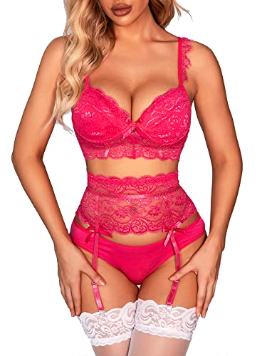 EVELIFE Dessous-Set für Frauen BH und Höschen Set Sexy Dessous 3 Stück Bralette und Höschen Spitze Dessous Unterwäsche mit hoher Taille Straps-Tanga, rose, 48 von EVELIFE