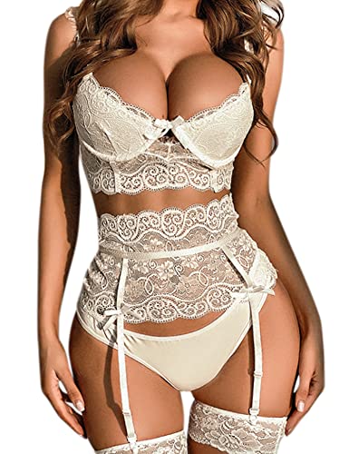 EVELIFE Dessous-Set für Frauen BH und Höschen Set Sexy Dessous 3-teiliges Bralette und Höschen Spitze Dessous Unterwäsche mit hoher Taille Straps-String, weiß, 36 von EVELIFE