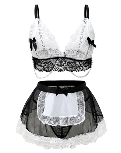 EVELIFE Frauen Dessous Blumenspitze Lingerie Mädchen Outfit Uniform Bogen Kostüm Süßes Kleid Perlenkette Babydoll Geschenk zum Valentinstag(Black, XXL) von EVELIFE