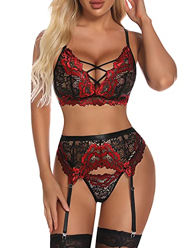 EVELIFE Frauen Dessous Set mit Strumpfgürtel Sexy Spitze BH und Höschen Set Riemchen Teddy Nachtwäsche 3-teilig Dessous, rot, 46 von EVELIFE