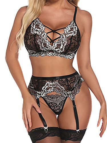 EVELIFE Frauen Dessous Set mit Strumpfgürtel Sexy Spitze BH und Höschen Set Riemchen Teddy Nachtwäsche 3-teilig Dessous, weiß, 36 von EVELIFE