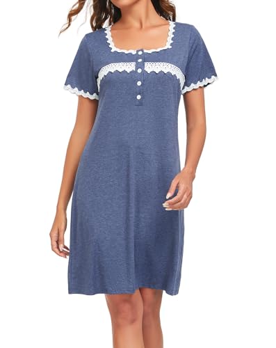 EVELIFE Weiches Damen-Nachthemd für Damen, Chemise, kurze Ärmel, oberhalb des Knies, Spitze, Blumendruck, Sommer, Loungewear, Nachtwäsche, Negligee, marineblau, L EVELIFE Weiches Damen-Nachthemd für Damen, Chemise, kurze Ärmel, oberhalb des Knies, Spitze, Blumendruck, Sommer, Loungewear, Nachtwäsche, Negligee, marineblau, L von EVELIFE